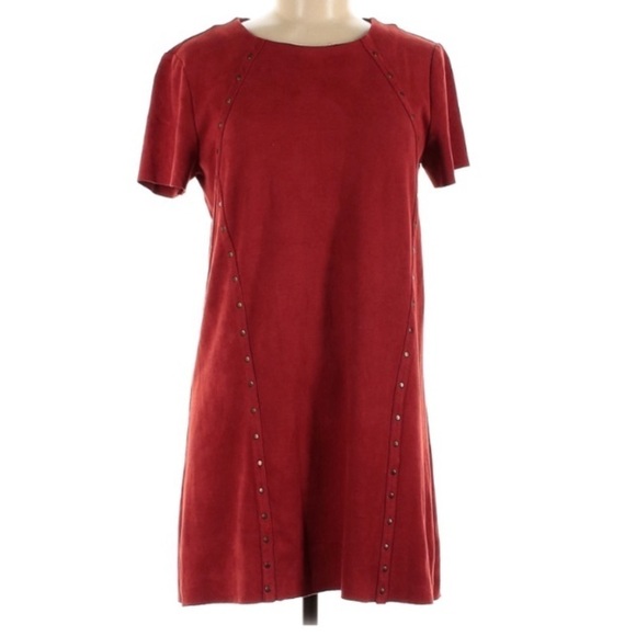 Design Lab Brick Red Faux Suede Studded short sleeve shift mini dress - Picture 1 of 5